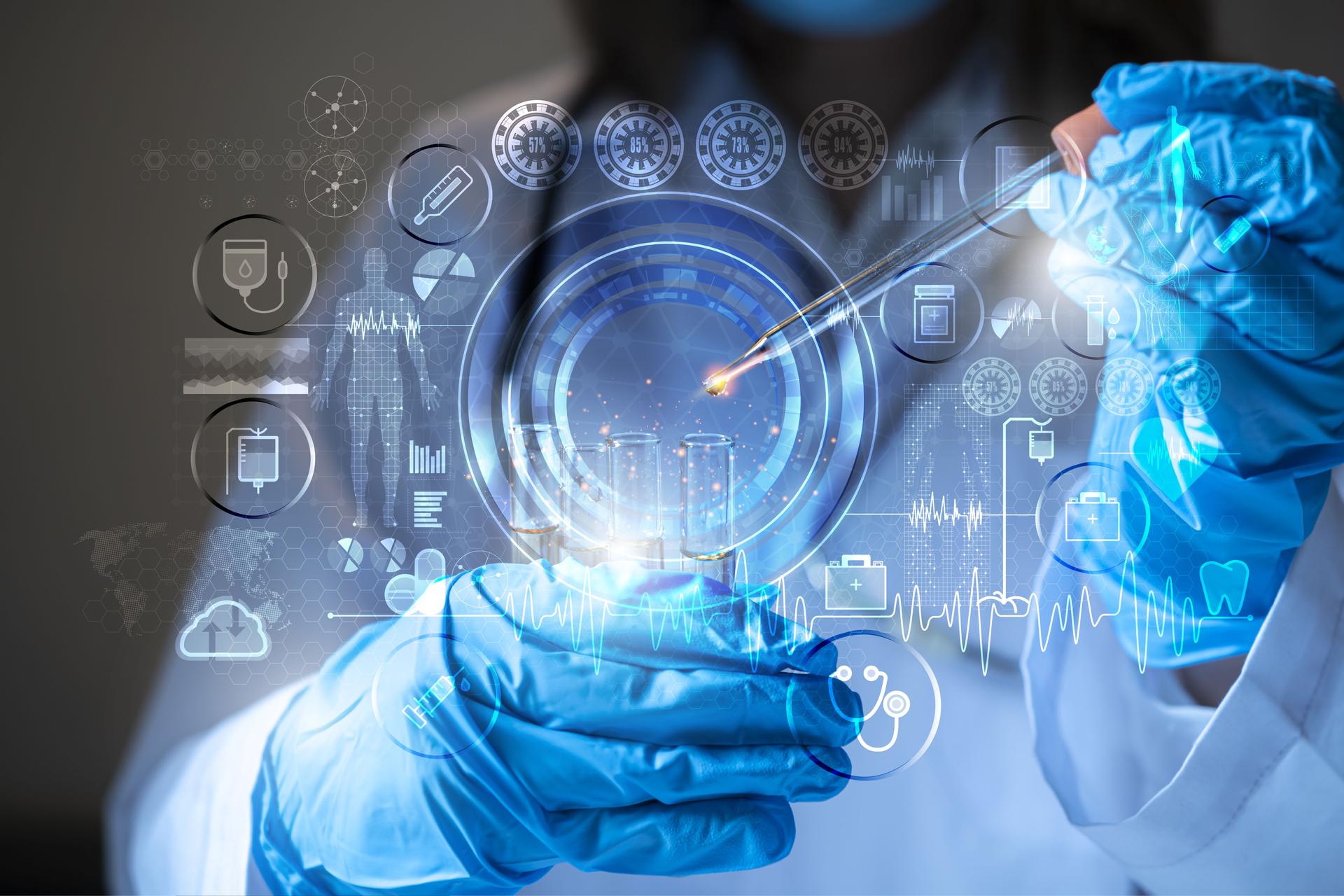 In a futuristic laboratory, a scientist with a pipette analyzes a colored liquid to extract the DNA and molecules in the test tubes.